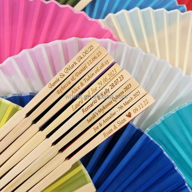 China Factory Many Colors Luxurious Wedding Gift Bamboo Hand Fan Customize Logo Mix Colors Silk Fan Wedding Favors