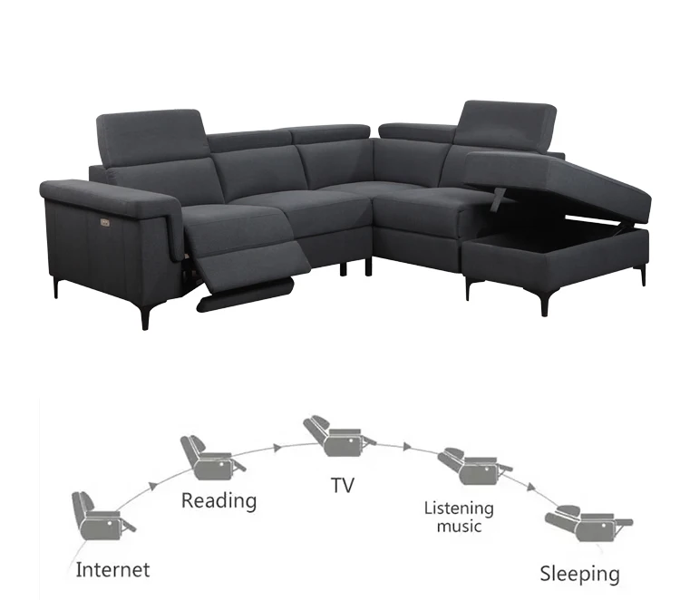 The most popular nordic Light Gray color velvet fabric living room furniture L shaped sofa bed with adjustable headrest and USB