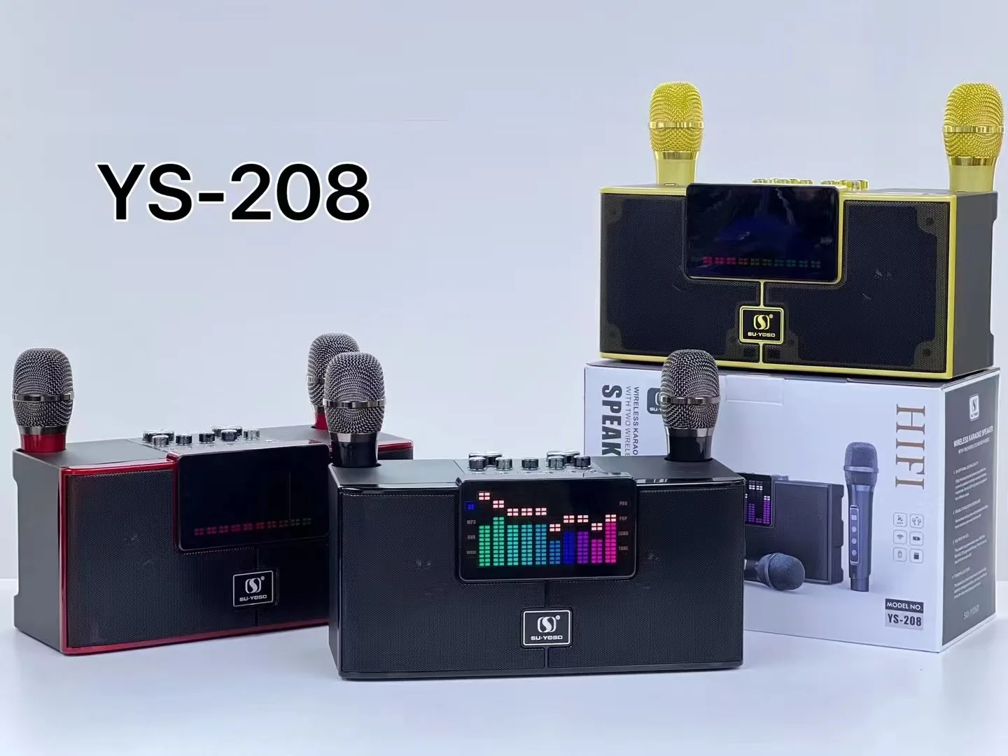 YS208 Powerful Wireless Speaker Dual Microphones RGB Disco LED flash light Subwoofer Bass Stereo Big Sound Party Karaoke