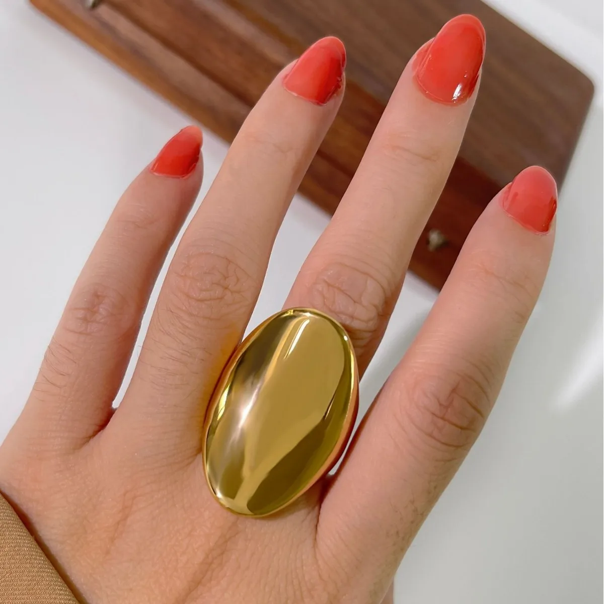 Personality 18K Gold Plated Glossy Oval Finger Rings Waterproof Titanium Stainless Steel Geometric Index Finger Ring