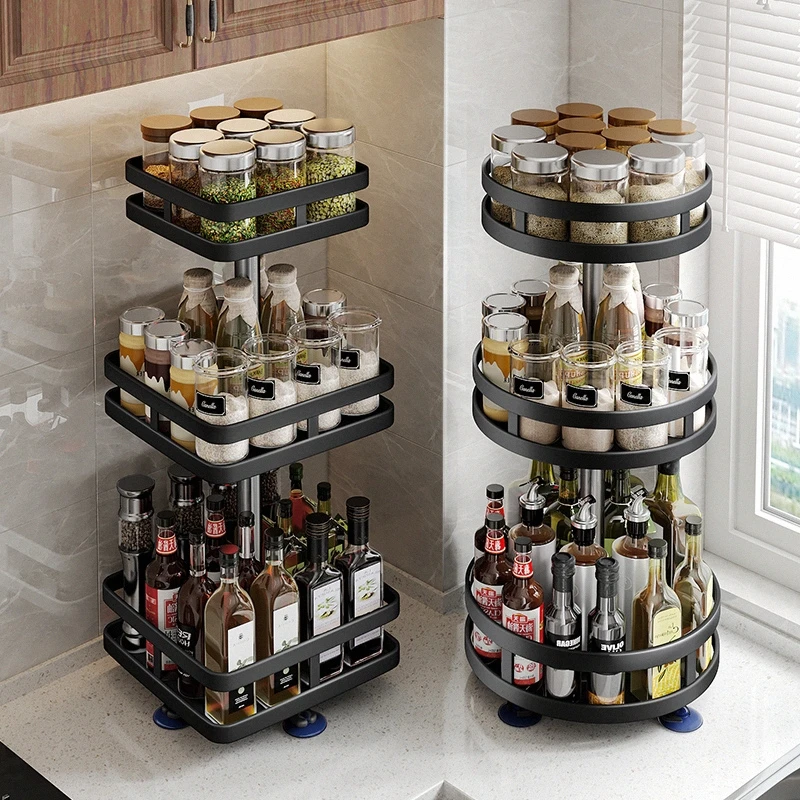 Stainless steel 360 degree rotating adjustable shelf 3 layer storage spice tank rack