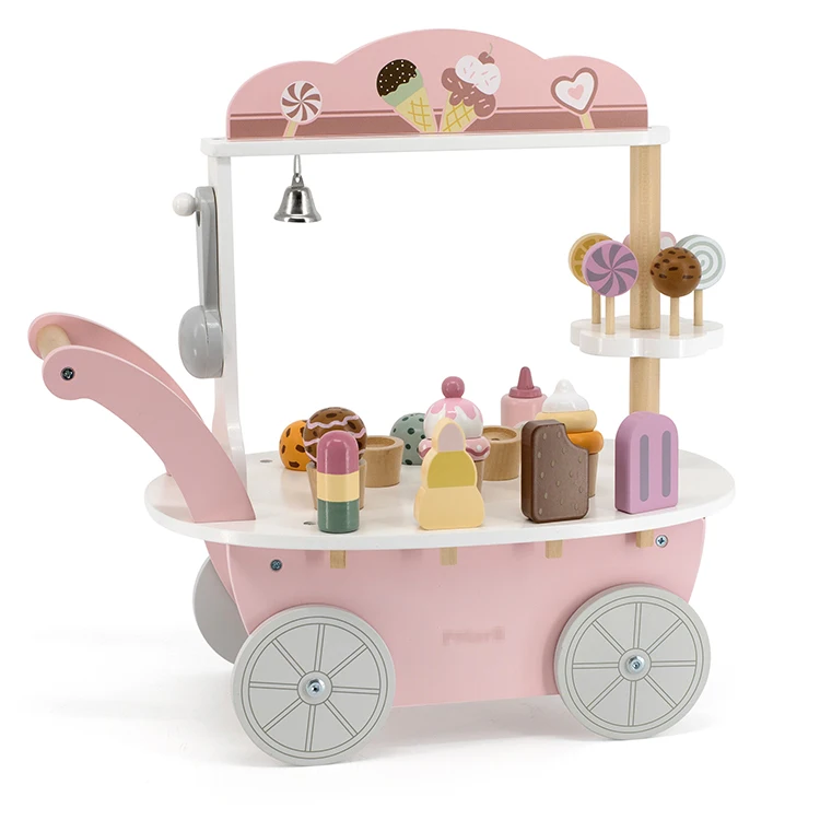 Children Simulation Funny Kitchen Toy Ice Cream Shopping Cart Educational Wooden Pretend Play Toys