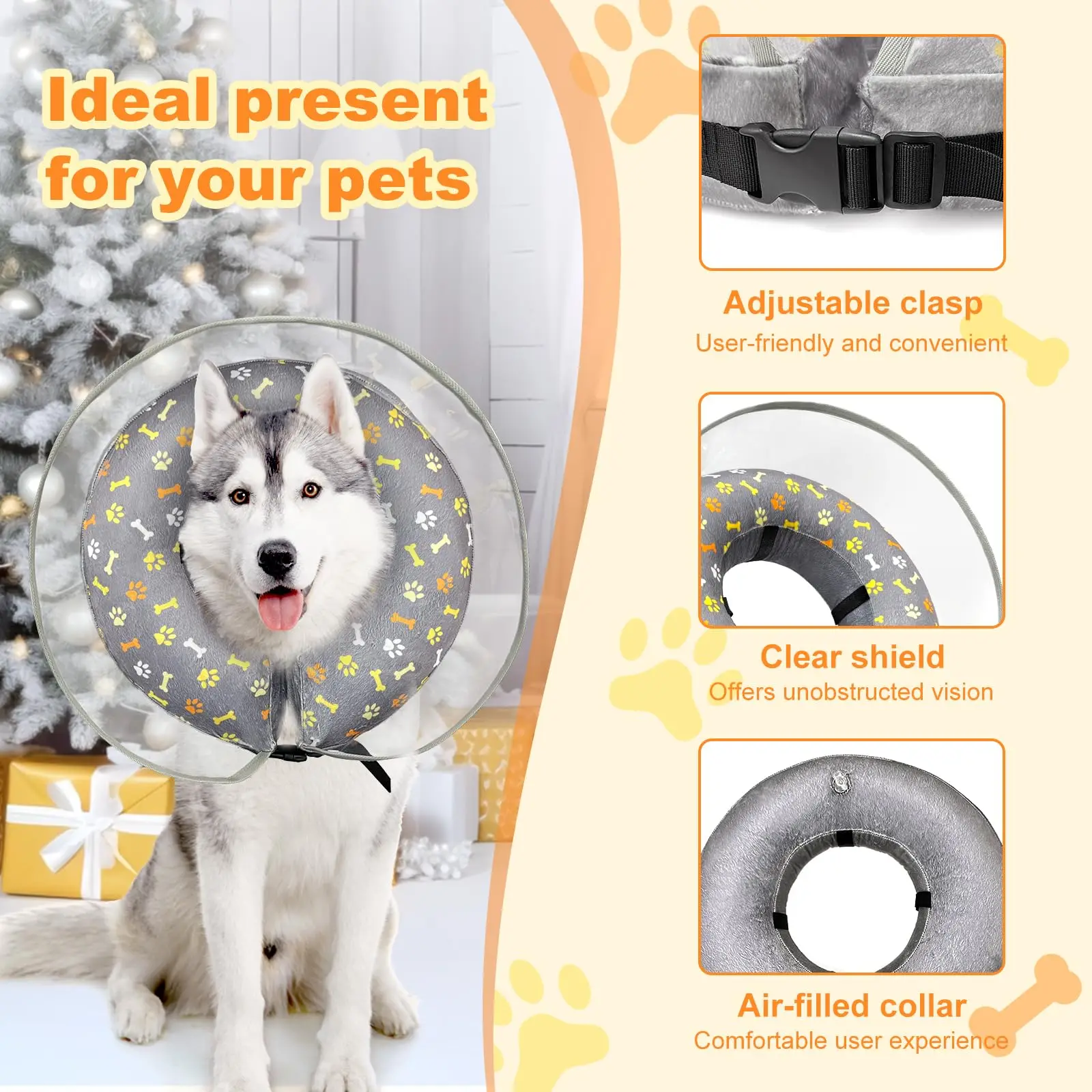 2-in-1 Inflatable Dog Cone with Detachable Anti-licking Shield Adjustable Dog Cone Collar After Surgery Soft Dog Donut Collar
