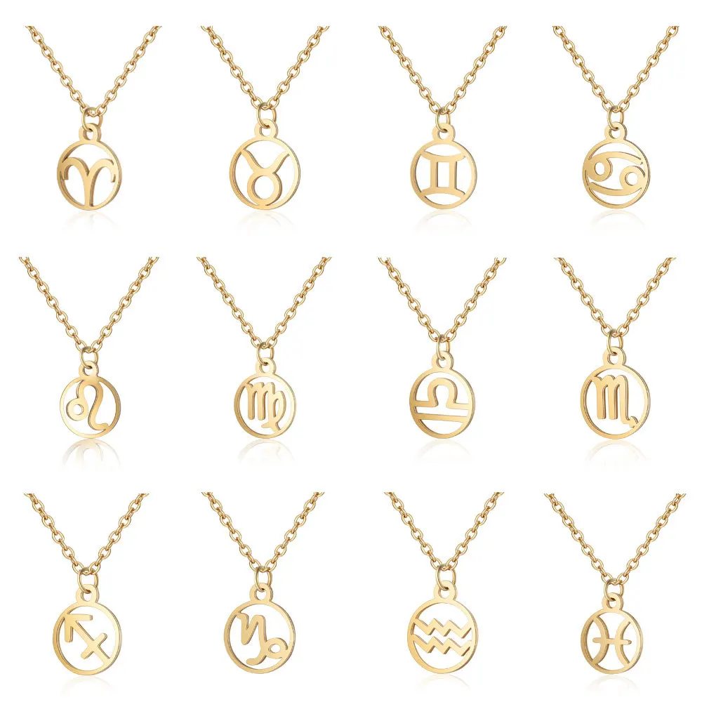 Zodiac Necklaces 18K Gold Plated Stainless Steel Pendant Necklace Astrology Horoscope Necklace