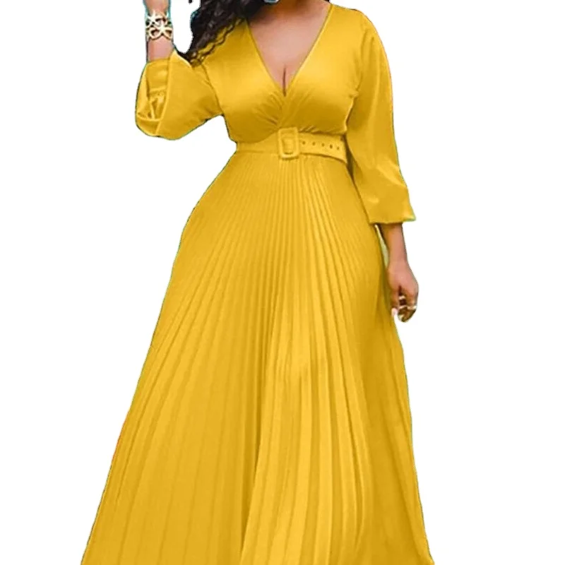 BOJIN 2024 Summer Elegant Yellow Chiffon Maxi Dress Solid Long Sleeve High Waist Floor-Length with Empire Waistline