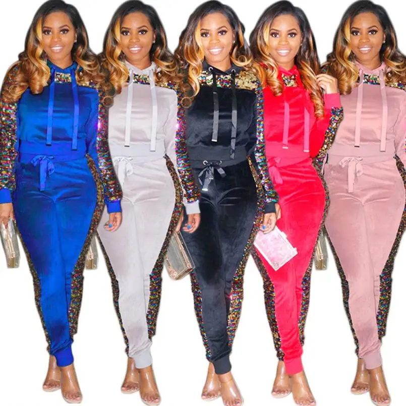Wholesale Sequin Blank Velour 2 Piece Winter Sweatsuit Jogging Sports Plain Women Sweat Suit