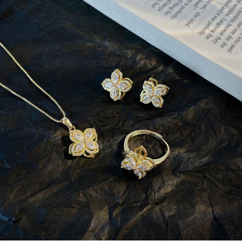 Fashion Rotatable Flower 18K Fidget Ring Anti Anxiety Stress Relieve Creative Earrings Spinning Mood Four Leaf Clover Jewelry