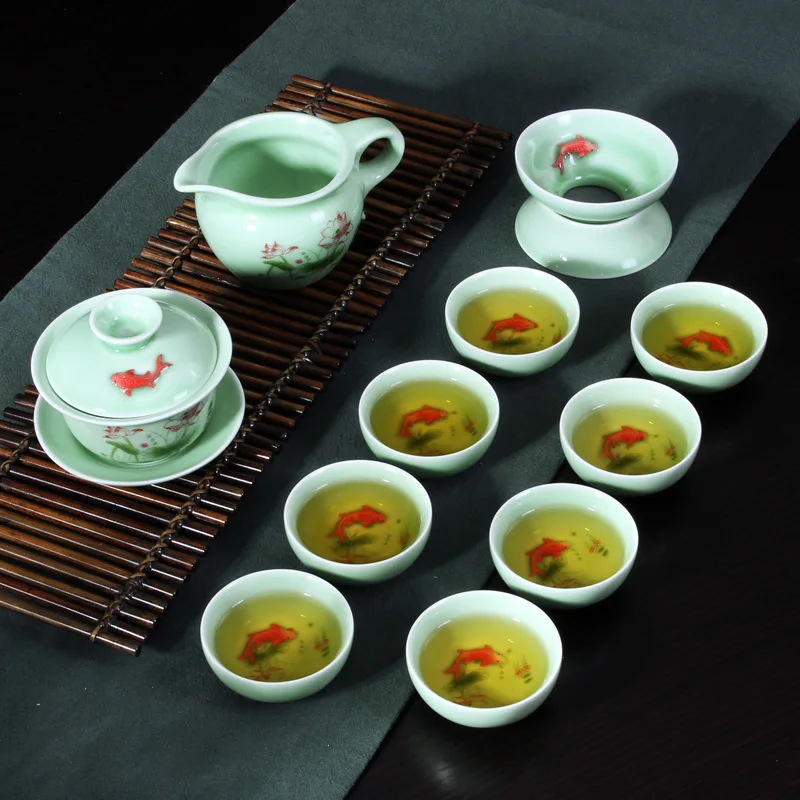Chinese Tea Cups Porcelain Celadon Fish Teacup Set Loose Leaf Teapot Drinkware Oolong Tea Ceramic China Kung Fu Tea Sets D042