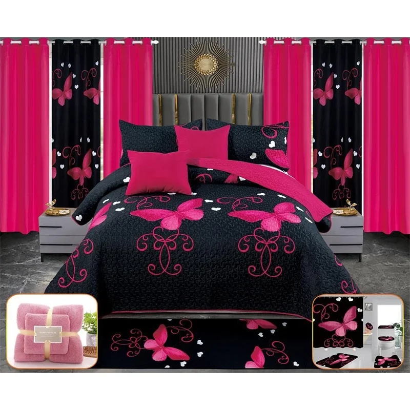 Red Flower Print Navy Blue 3d Printed Linen Blend Custom King 26PCS Polyester Curtain bedding Set