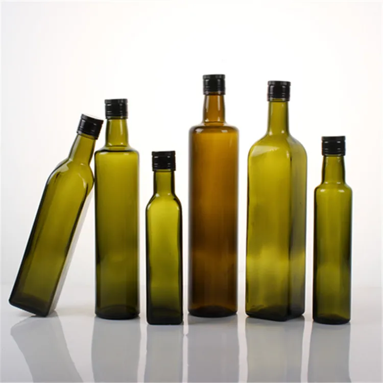 wholesale Bulk 250ml 500ml 750ml 1L Empty Square Dark Green Marasca Cooking Olive Oil Glass Bottles