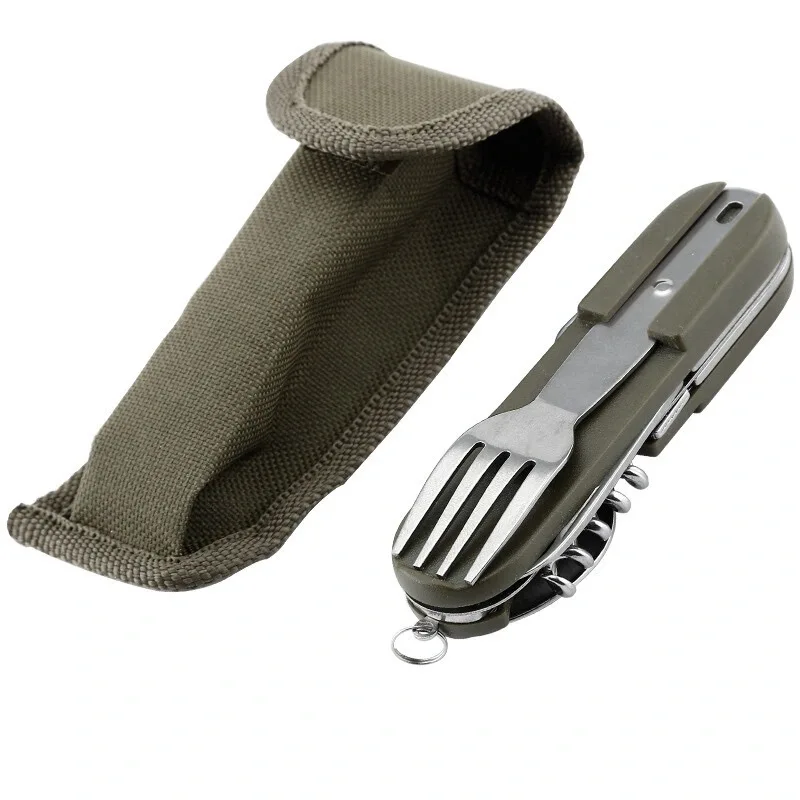 Army Green Folding Portable Stainless Steel Camping Picnic Cutlery Knife Fork Spoon Bottle Opener Flatware