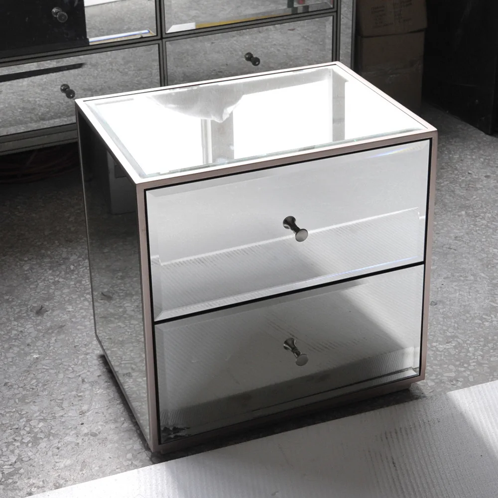 Bedroom Furniture 2 Drawer Bed Side Table Silver Mirrors Europe Design NightStand Accent Table