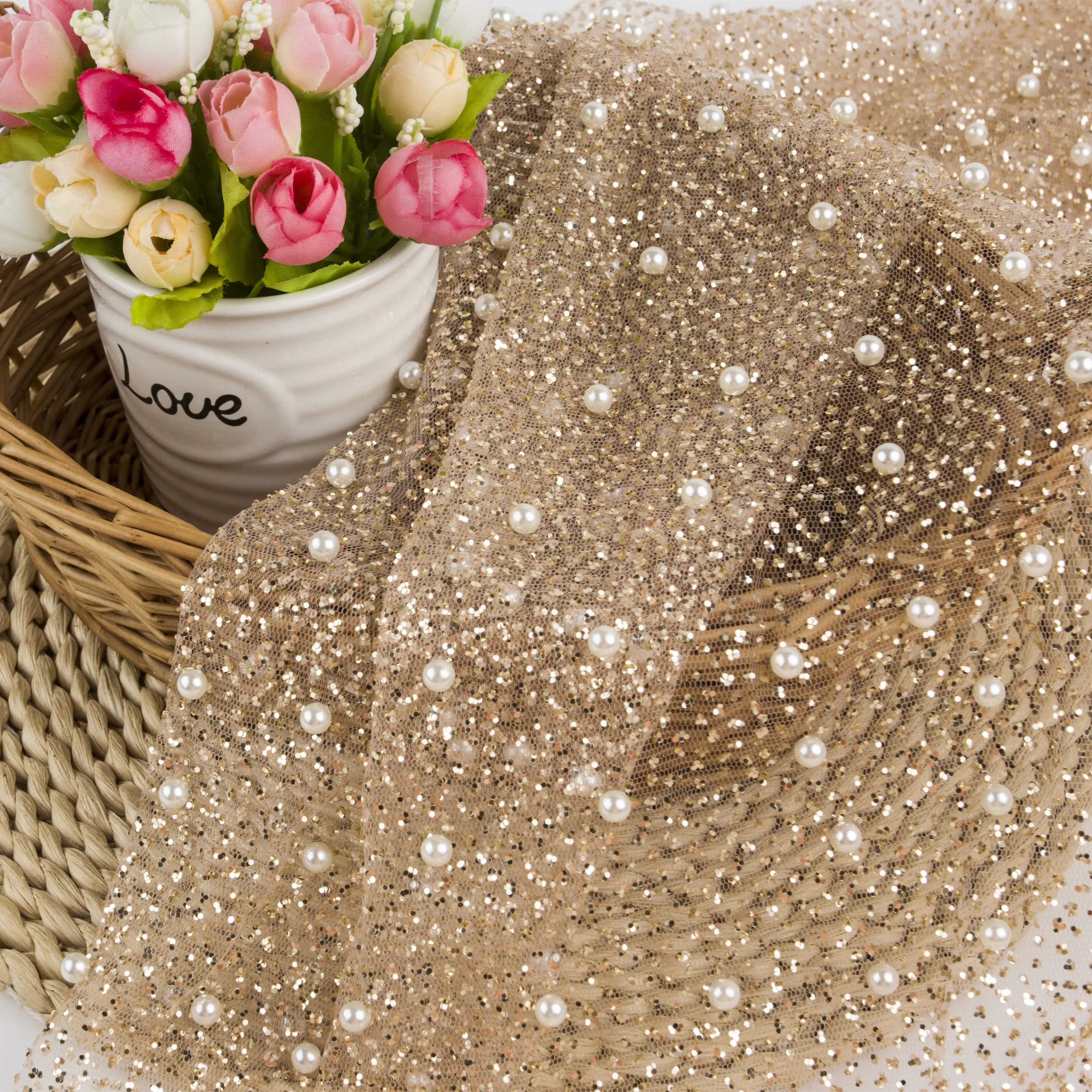 3D Luxury Crystal Beads Sequin with pearl fabric Full Elegant Wedding Dress fabric