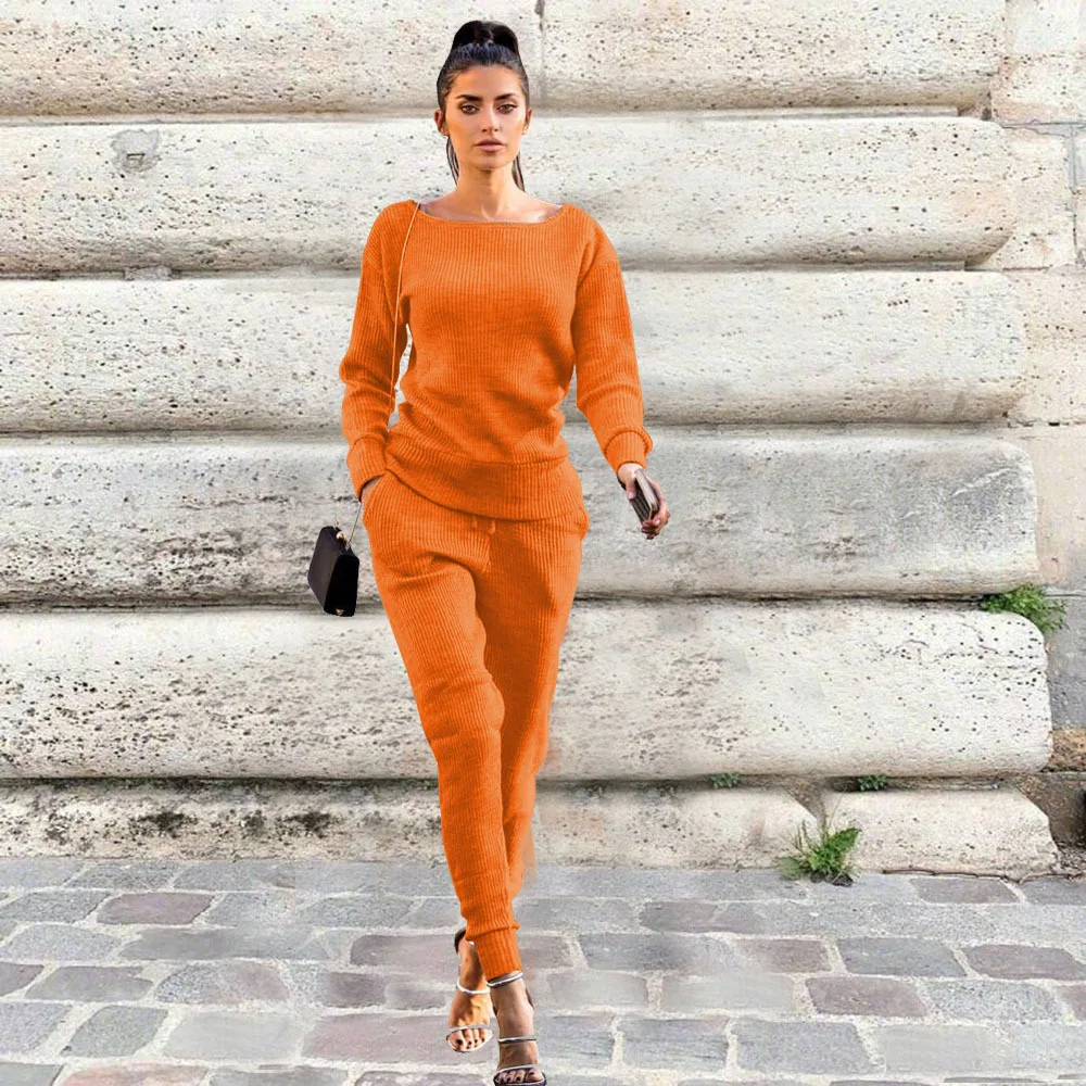 Модный женский спортивный костюм для занятий йогой и бегом, вязаный свитер, зимний комплект одежды из двух предметов для отдыха в городе, женская одежда