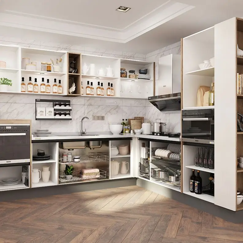 OPPEIN Custom Kitchen Full Set Furniture Cabinet Set Grey White Prefabricated Plywood Pvc Kitchen Cabinets