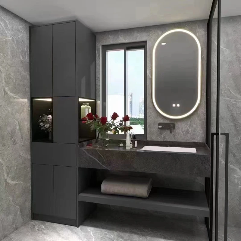 Hot Sale Single Sink Marble Bathroom Cabinet Modern Floating Washroom Solid Wood Vanity With Mirror