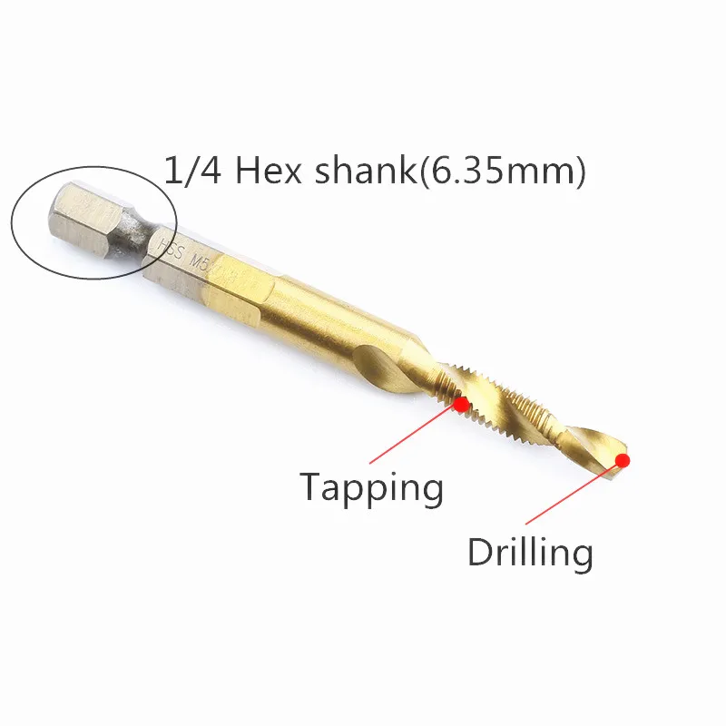 6pcs long screw Tap Drill Bits Hex Shank M3 M4 M5 M6 M8 M10 Titanium Coated HSS Compound Metric Thread  Machine Taps