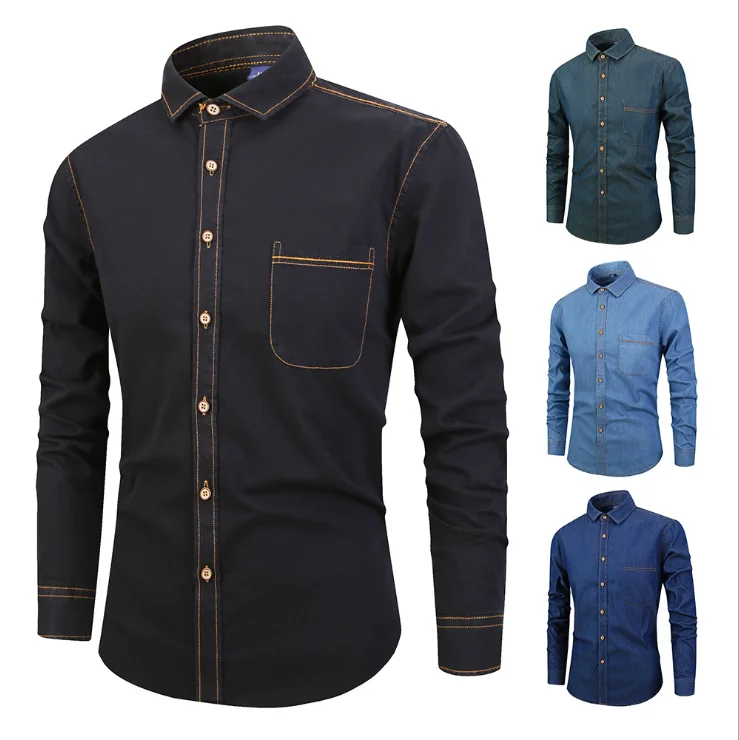 100% COTTON GAMENT WASHED MENS DENIM CASUAL SHIRTS WITH CONTRAST THREAD AND POCKET