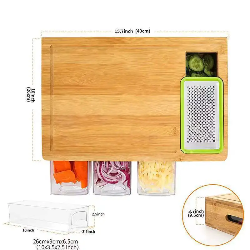 Bamboo cutting boards with 3 storage box kitchen chopping board with juice groove drawer cutting board with grater