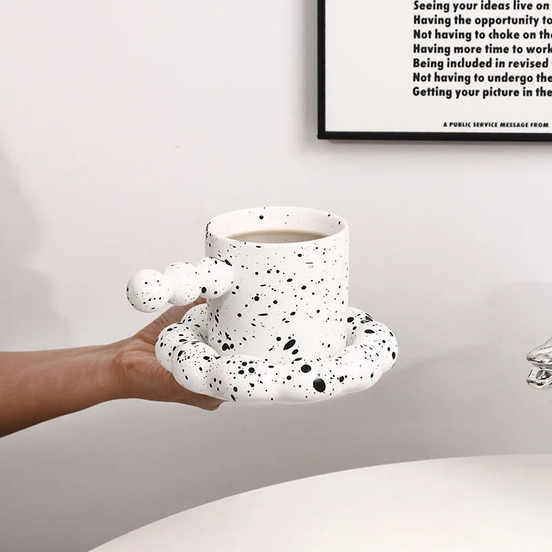 Creative Speckled Splashing Ink Ceramic Coffee Mug With Ink Spot Creative Novelty Espresso Tea Cup and Saucer Set