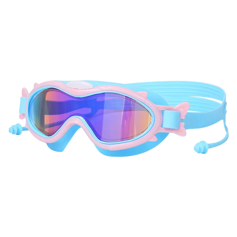 Custom New Design Big Frame One-piece earplugs comfortable funny eye swim goggles anti fog kids swimming goggles