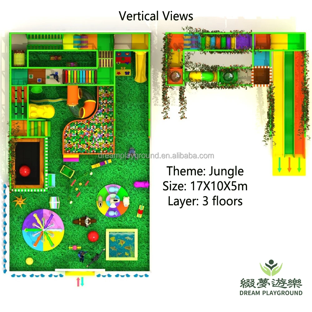 Dream kids indoor jungle gym forest large twist wave slides trampoline electric soft toys grass mat amusement park playground