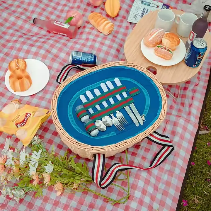 Foldable Bamboo Wine Table Picnic Basket Sets Picnic Kit Bamboo Vine Natural Wicker Basket For Outdoor Party