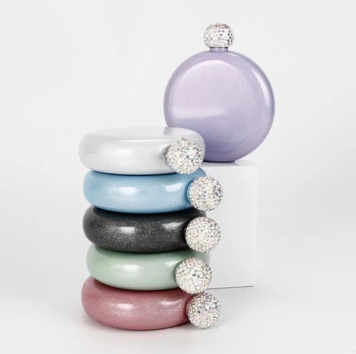 Stocked Wine Hip Flask flasks liquor Traditional Round Shape Mica Colors with Thistle Mount Spirit Flask,  5oz