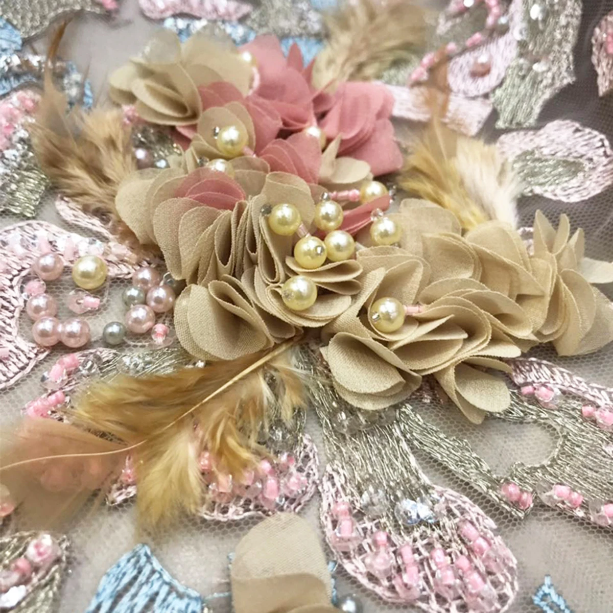 Elegant Yellow 3D Handwork Flowers Embroidery Designs Beaded Fabric Wholesale Price Beautiful French Sequins Clothing Lace Tulle