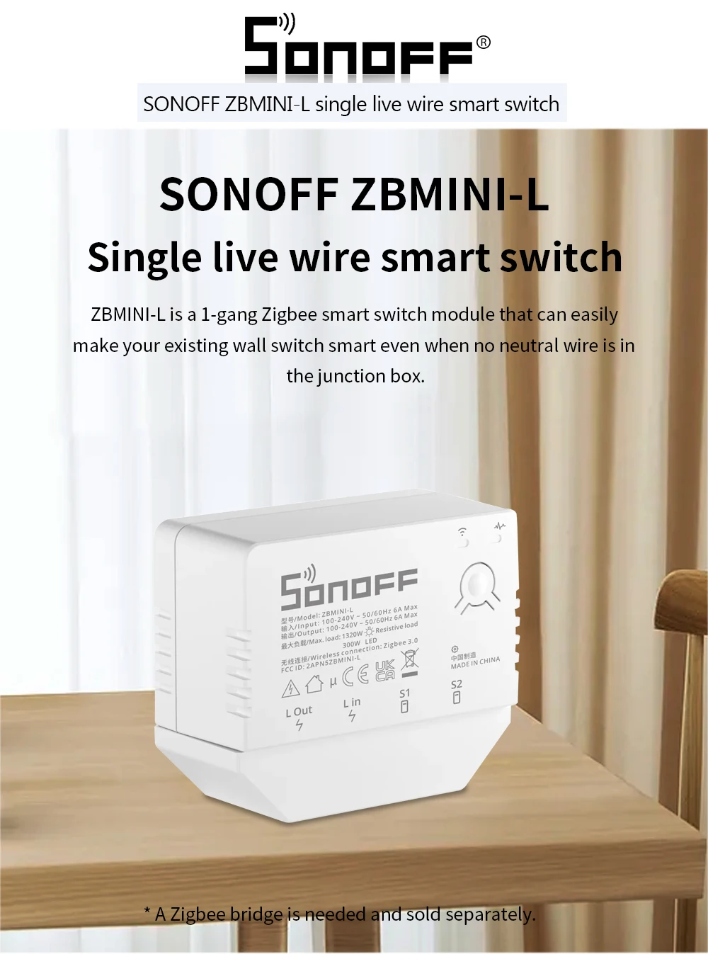 SONOFF ZBMINI-L Smart Switch No Neutral Wire Required Zigbee MINI 2 Way Wireless Smart home Switch with eWeLink & Voice control