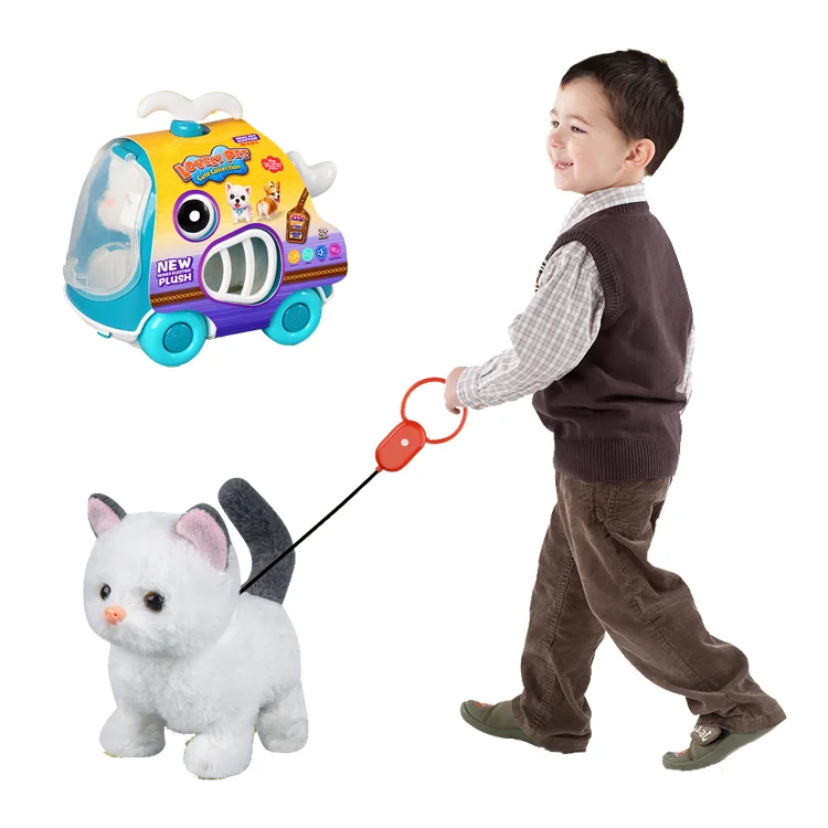 Realistic Plush Cat Toy with Leash Whale Cage Walking Motion and Sounds Three Color Choices Engaging Pretend Play Experience