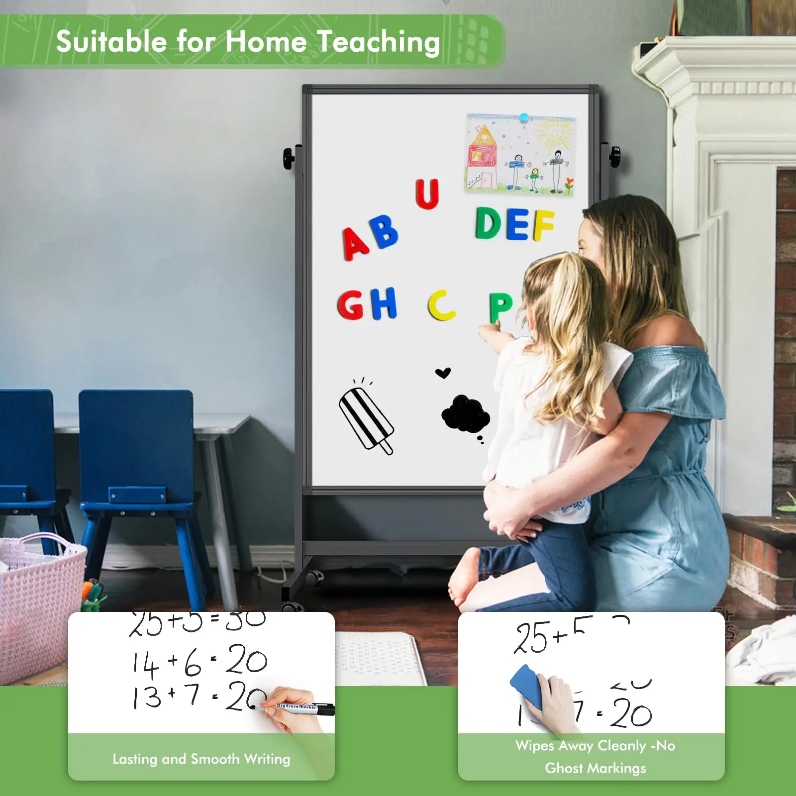 Height Adjustable Dry Erase White Board Standing Easel Whiteboard on Wheels Double-Sided Magnetic Mobile Whiteboard