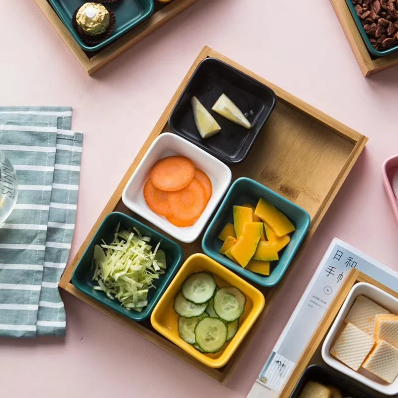 Лидер продаж, фарфоровое блюдо для закусок с бамбуковым подносом, разделенная тарелка, 5 секций для кухни, столовой и вечеринки, сервировки еды