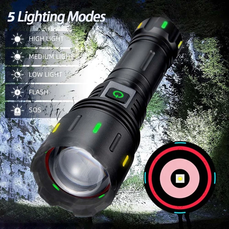Zoom Rechargeable Tactical Throwing Torch Light Silver LEP Distance Long Range XHP160 XHP360 Super Bright LED Flashlight