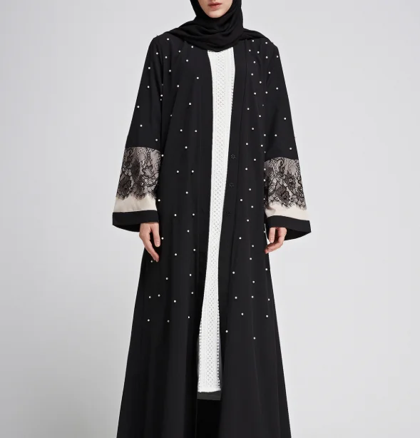 Muslim Lace Maxi Hijab Dress Abaya Embroidery Pearl Long Robes Malaysia Turkish Pakistan Ramadan Arab Islamic Dress
