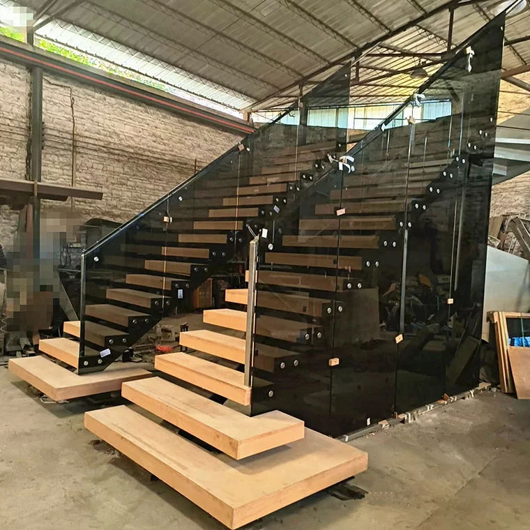 Hot Sell Apartment/Hotel single steel stringer straight floating stairs modern mono stringer wooden staircase