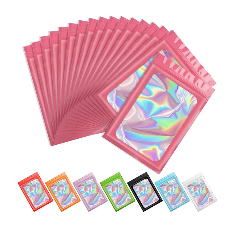 Design Custom Printed Mylar Pvc Pink Small Holographic Iridescent Smell Proof Resealable Packaging Ziplock Gift Bag With Zipper