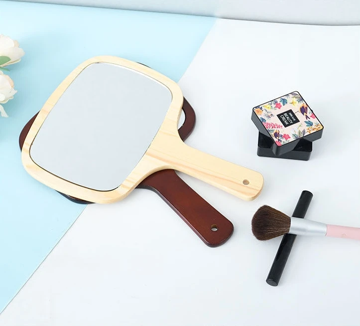Wooden handle portable Oval Makeup mirror Private brand HD handle vanity mirror