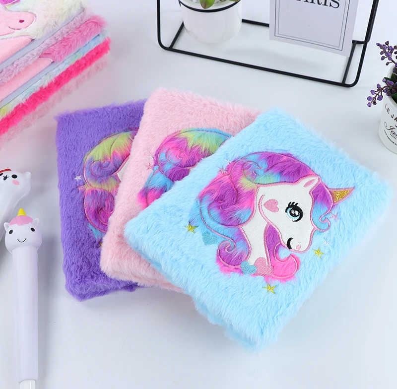 Unicorn Cartoon embroidery Kawaii stationery travelers fluffy notebook customizable cute reusable pink korean notebook