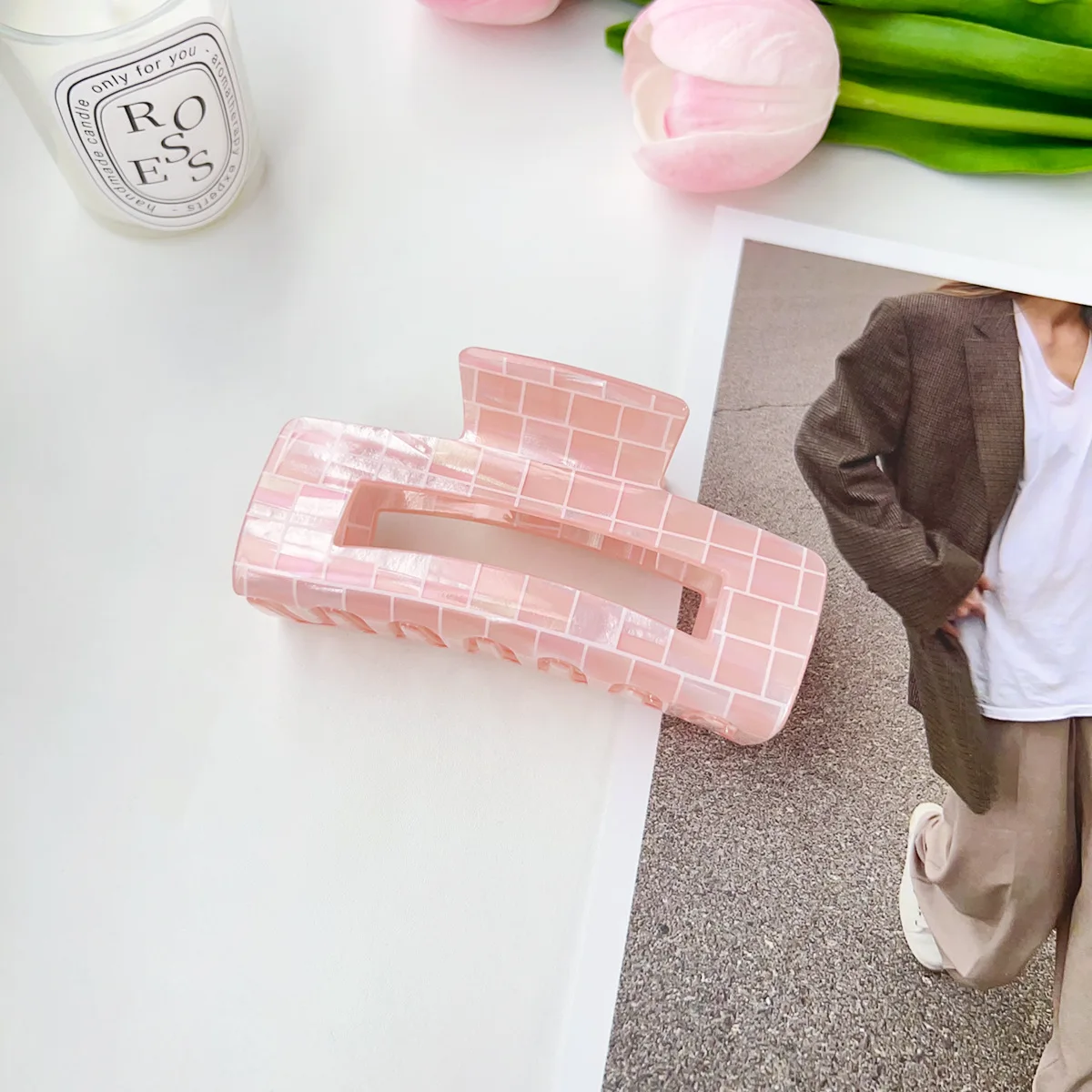 YJL New Design Square Shape Design Girls Shiny Clip 10.5cm Hair Claw Clip Outdoor PVC Hair Claw For Thick Hair