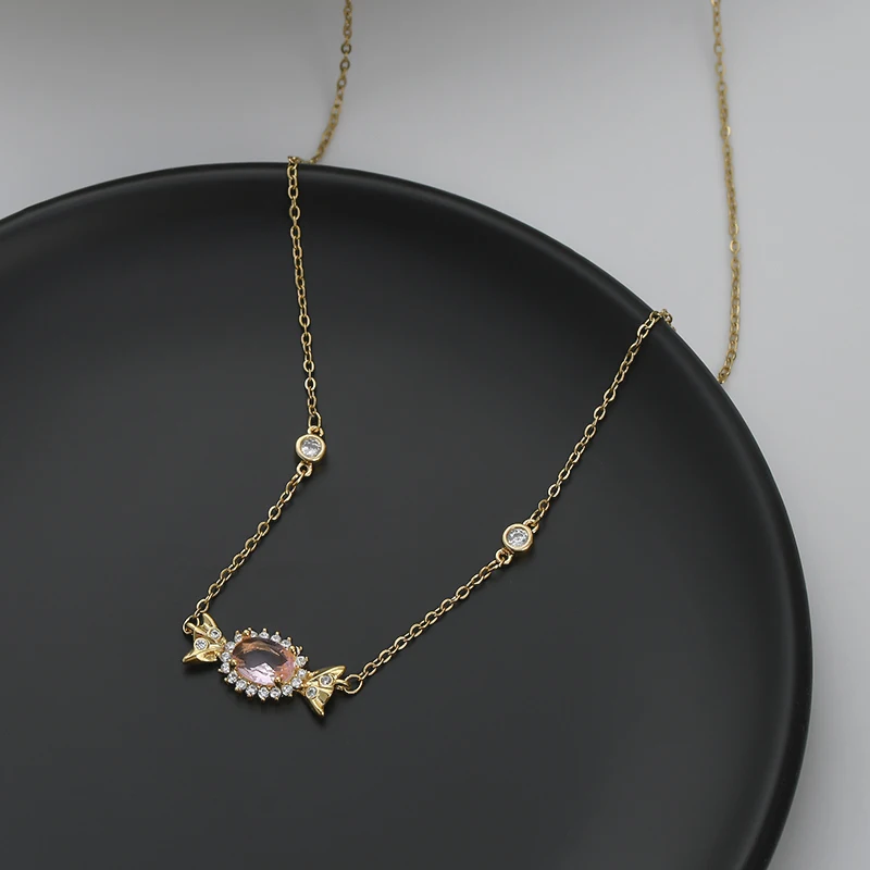 xl63718 Genuine Gold Electroplated Zircon Set Clavicle Chain, Sweet and Fashionable Pink Zircon Candy Necklace for Women