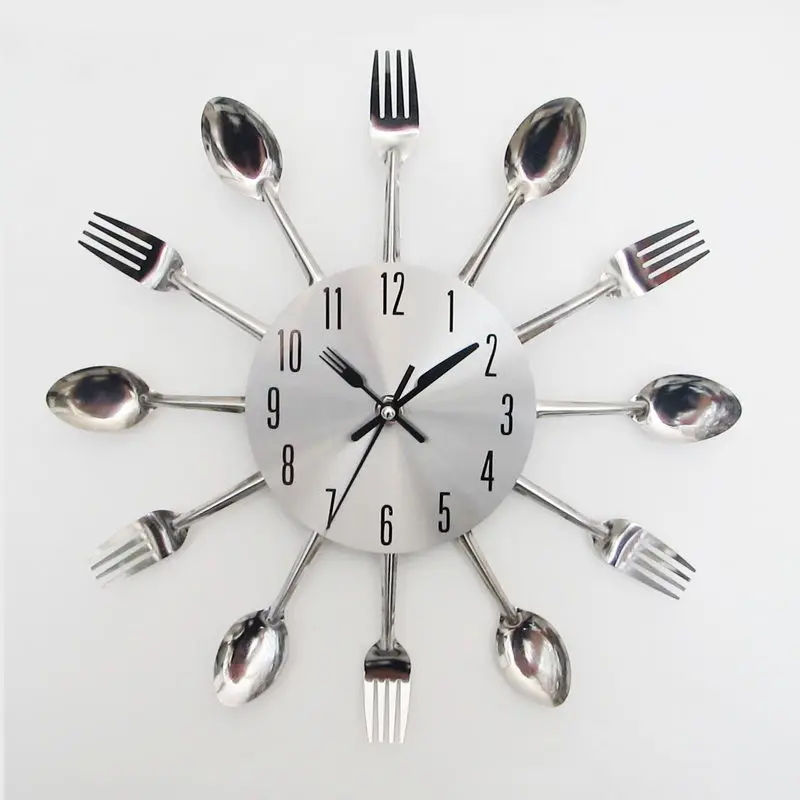 16 Inch Home Decor Metal Sliver Large Kitchen silent Wall Clocks with Spoons and Forks