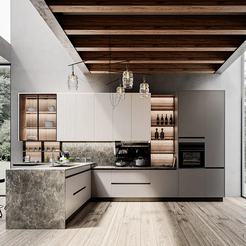 Custom Modern Integral Kitchen Cabinets, Premium Solid Wood MDF Open Integrated Stove and Quartz Countertops