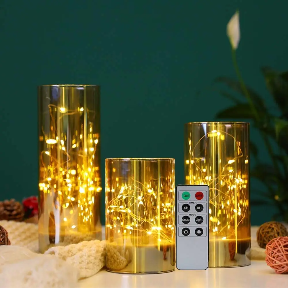 Set of 3  High Glass LED Candle Lights with fairy string Lights Battery Powered Remote Control for wedding,christmas decoration