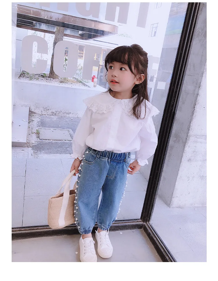 
2020 autumn Korean kids children beaded light-colored beam casual trousers pearl Girls long jeans 