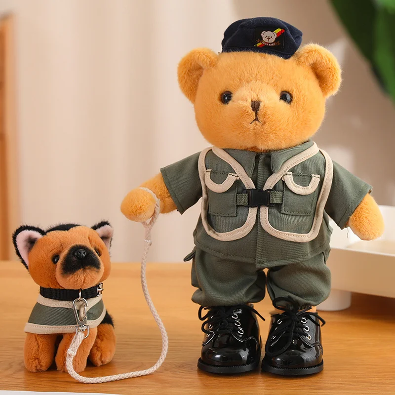 New sunrise wholesale soft stuffed handsome Royal police bear Traffic police bear Fire fighting bear doll with plush patrol dog