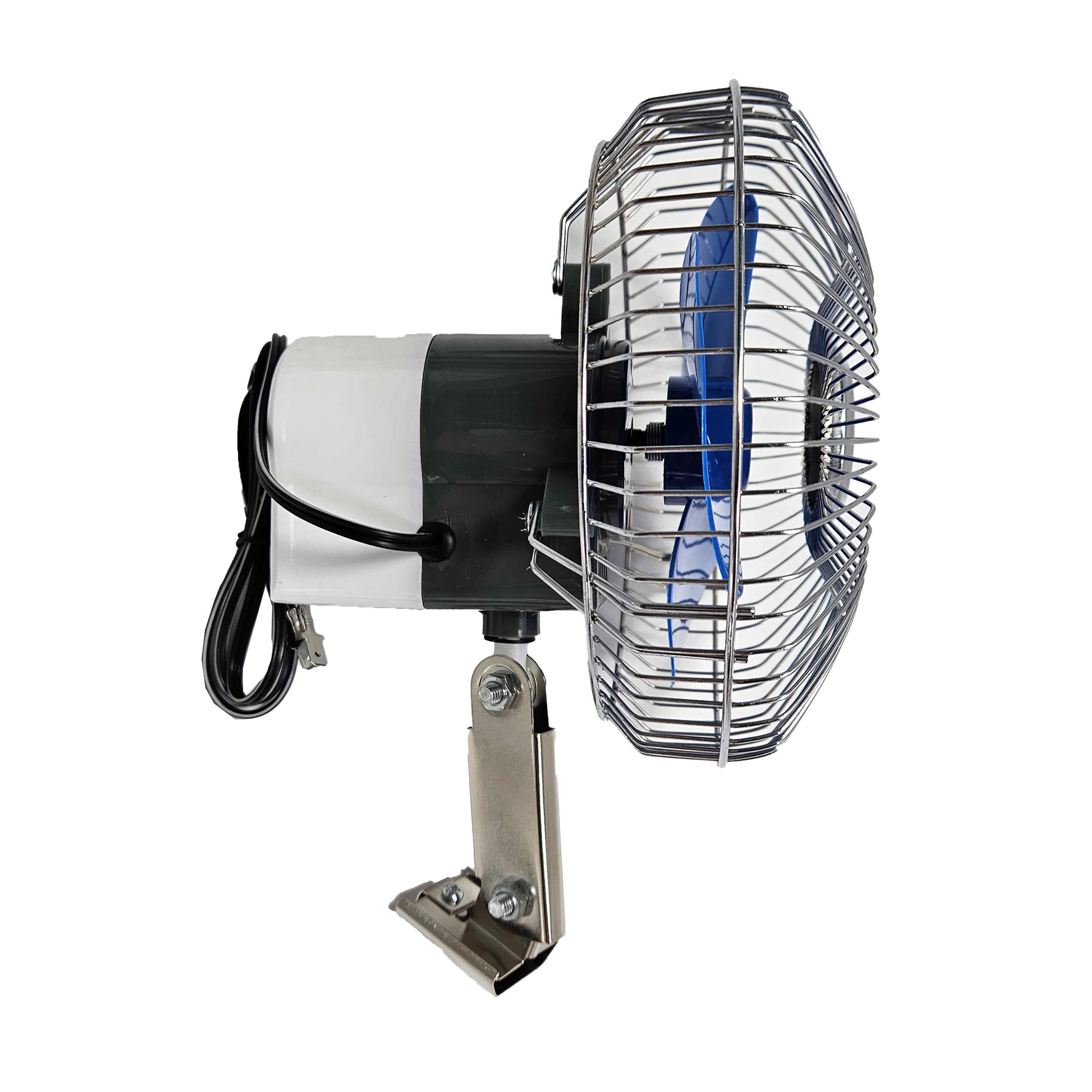 The 6-inch car fan operates at 12V/24V, has a toggle switch and is secured with two metal four-piece screws