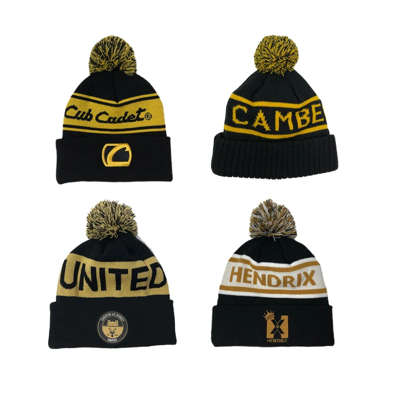 Custom logo embroidered stripe golf beanie High quality mens winter knit pom pom hats Yellow character acrylic bobble caps toque