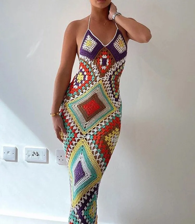 Summer Sleeveless Backless Hollow Floor Length Casual Sexy Luxury Patterns Custom Handmade Women Knit Sweater Crochet Dress