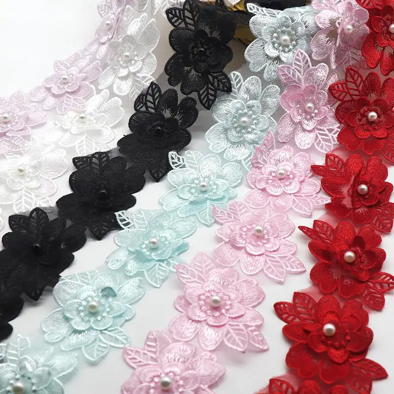6.5*8cm Pearl Flower Lace Trim For Dress Ribbon Knitting Wedding Lace Embroidered DIY Patchwork Sewing Supplies Craft